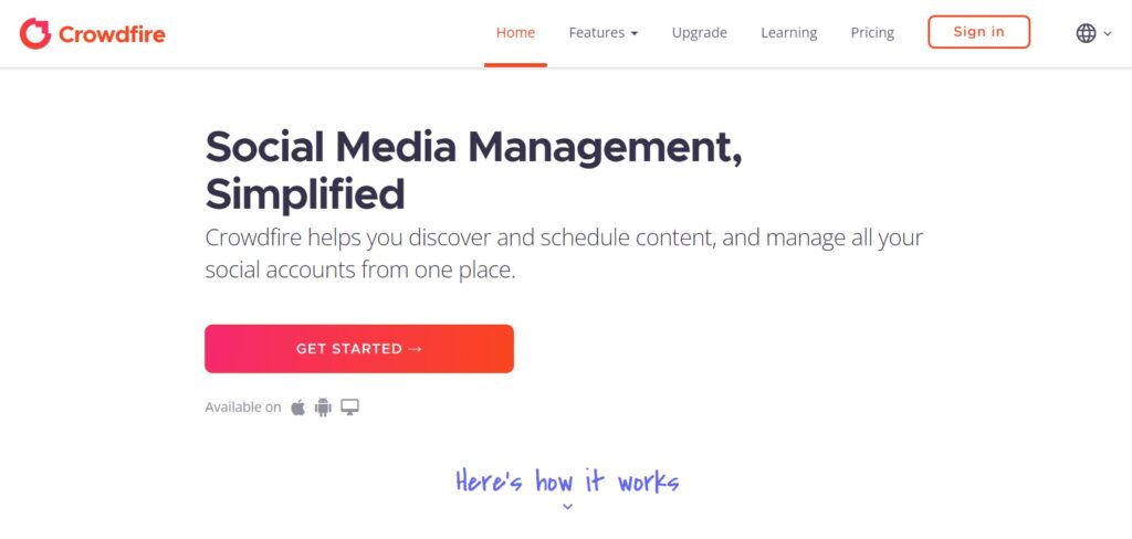 screenshot of crowdfire social media management tool